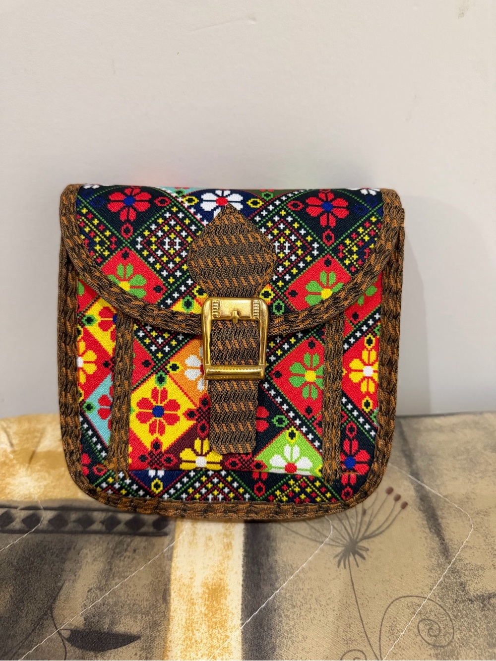 Women’s woven Multicolor Floral Crossbody Bag with Gold Buckle